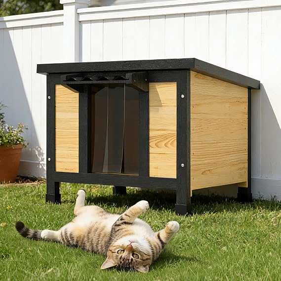 TIMHAKA Outdoor Cat House Weatherproof, Large Feral Cat Shelter with Raised Floor, Sloped Roof & PVC Door Flaps, Wooden Outdoor Cat Enclosure for Feral Cats, 21.3" L x 19.9" W x 18.9" H, Black