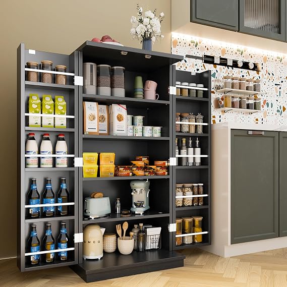 SUNLEI 47" Kitchen Pantry Cabinet with Anti-Tip Kit, Food Pantry Storage Cabinets with Door and Adjustable Shelves, Freestanding Pantry Cabinet for Small Space, Black