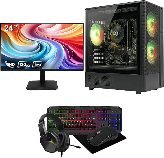 GTR Gaming -PC Bundle – Ryzen 5 | 16GB RAM | 1TB SSD | 24” 120Hz Monitor | 650W PSU| Esports Ready for Fortnite, Valorant & Minecraft | Full Setup with Keyboard, Mouse & Headset | Windows 11 | WiFi