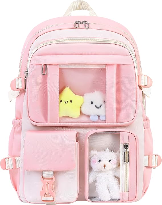 Kawaii Backpack for School Girls Cute Bag with Kawaii Stuff Bear Pendant Backpack Aesthetic for Kids