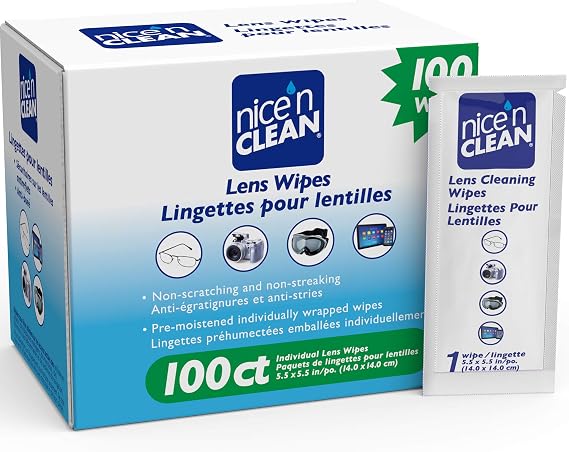 Nice 'n Clean Lens Cleaning Wipes (100 Total Wipes) | Pre-Moistened Individually Wrapped Wipes | Non-Scratching & Non-Streaking | Safe for Eyeglasses, Goggles, Camera Lens