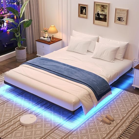 Floating Bed Frame Queen Size, Queen Bed Frame with Smart LED Lights