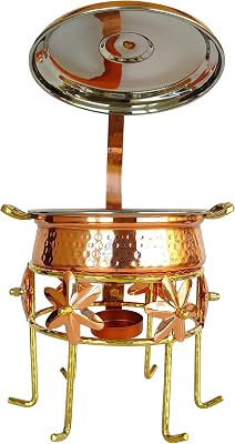 Indian Art Villa Steel Copper Chafing Dish Set of 1 Handi With Lid & 1 Brass Stand, Serveware Item for Dinner Party & Functions, Volume-44 Oz