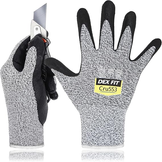 DEX FIT Level 5 Cut Resistant Gloves Cru553, 3D-Comfort Fit, Firm Grip, Thin & Lightweight, Touch-Screen Compatible, Durable, Breathable & Cool, Machine Washable; Grey S (7) 1 Pair