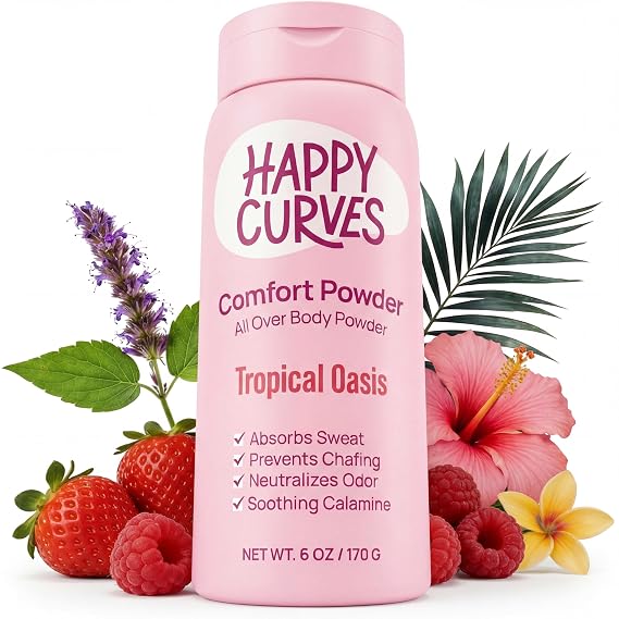 HAPPY CURVES Comfort Powder: Talc Free Anti Chafe Body & Foot Dusting Powder Deodorant to Control Inner Thigh Chafing, and Private Areas 6oz (Pack of 1) - Tropical Oasis