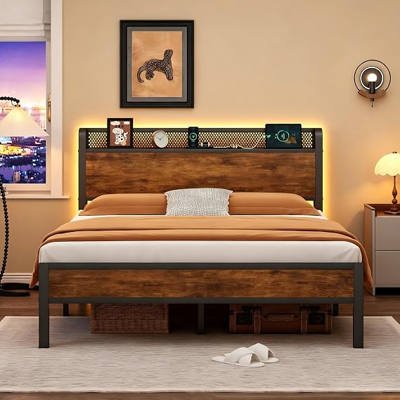 Full Bed Frame with Charging Station and LED Lights,Heavy Duty Platform Beds Full Size with Storage Headboard,USB Port,Rustic Wood and Strong Metal Support,No Box Spring Needed, Noise Free