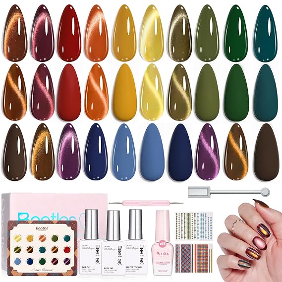 Beetles Fall Gel Nail Polish Kit With Cat Eye Colors, Base & Top Coat