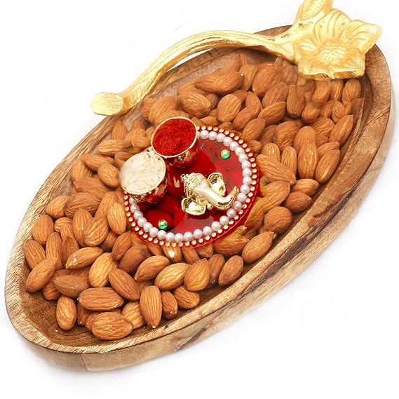 Ghasitaram Gifts Diwali Gifts - Hamper - Wooden Almond Platter with Mini Pooja Thali