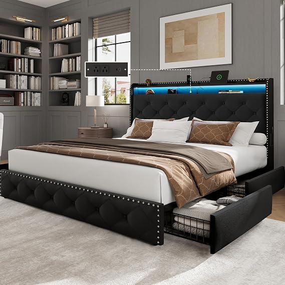 Bed Frame Queen Size with Storage Drawers & LED Lights & USB Type-C Charging Station,Velvet Upholstered Platform Bed with Headboard,No Box Spring Needed,Easy Assembly, Black