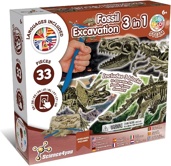Science4you Dinosaur Fossil Excavation 3 in 1 for Kids - Dinosaur Fossils Digging Kit, T-Rex & Triceratops & Stegosaurus - Assemble 3 Dinos, Archaeology Set, Educative Gift for Girls & Boys Age 5 6+