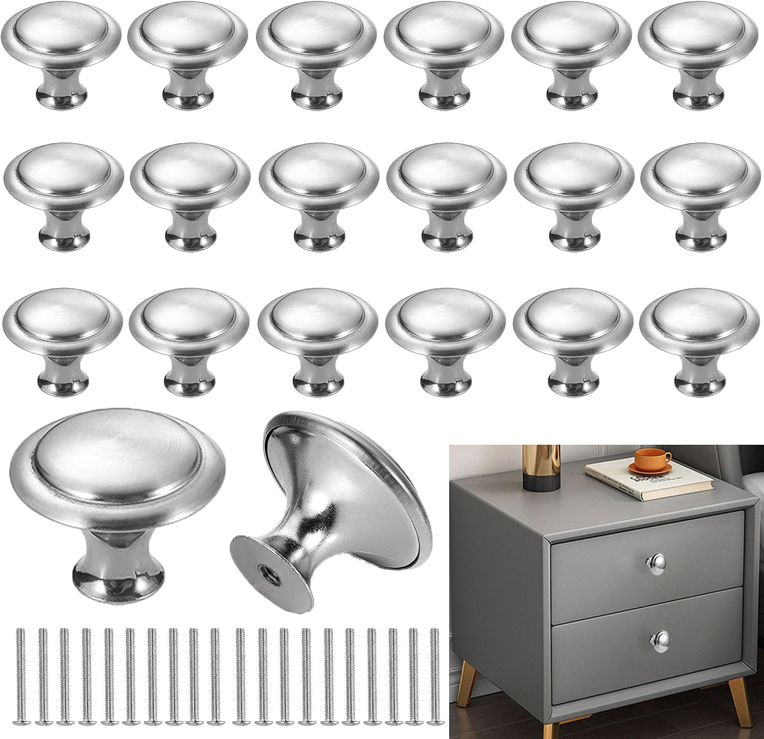 20 Pcs Cabinet Door Knobs, Hardware Sturdy Knobs Brushed Nickel Round Drawer Handle, Zinc Alloy Stainless Steel with Screw for Cabinet Wardrobe Furniture Kitchen Bathroom Bedroom Silver
