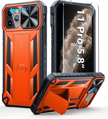FNTCASE for iPhone 11-Pro Phone Case: Military Grade Drop Proof Mobile Cover with Kickstand & Slide|Rugged Shockproof Bumper Heavy Duty Protector Protective Cell Phonecase for Apple 11pro 5.8-Orange
