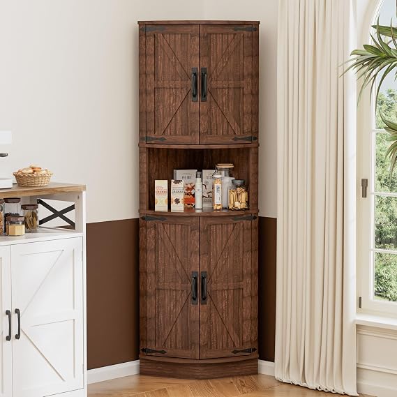 BonVache Tall Corner Storage Cabinet,5-Tier Sideboard with Barn Doors,Brown