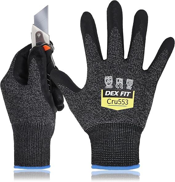 DEX FIT Level 5 Cut Resistant Gloves Cru553 Anti-Static, 3D Comfort Fit A5 Safety Work Gloves with Grip, Thin Touchscreen Gloves for Warehouse, Package Handling, BlackGray, XS, 1 Pair