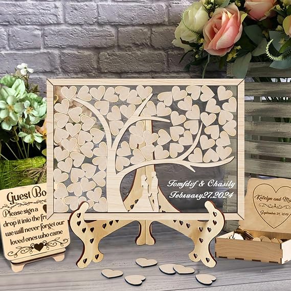 Personalized Wedding Guest Book Alternative Custom Wooden Love Tree Wedding Decorations for Reception with 30- 100PCS Heart, Acrylic Drop Box Frame Guest Book for Bridal Shower Party Anniversary