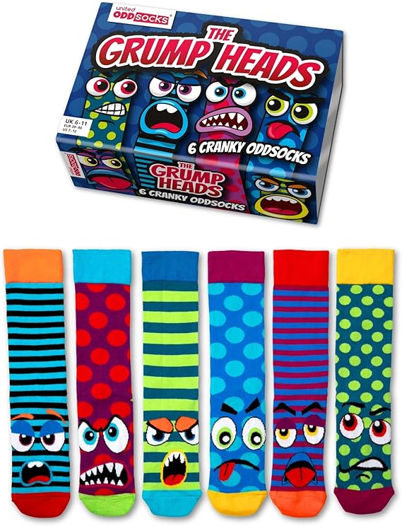 United Oddsocks The Grump Heads Hediye Kutusu – 6 Kaba Karışık ve Eşleşen Tuhaf Çorap Erkekler İçin – UK 6–11, EUR 39–46, US 7–12 – Renkli Canavar Temalı Yenilikçi Çoraplar – Doğum Günü, Noel ve Daha 6-11 39-46