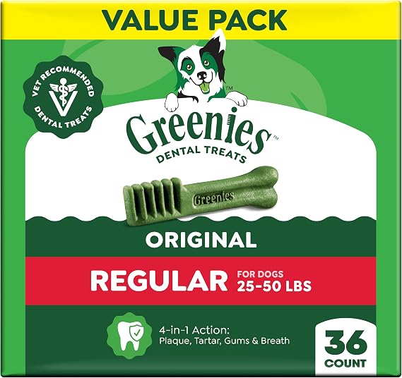 Greenies Regular Dental Dog Treats, Original Chicken Flavor, 36 Count | Vet-recommended, cleaner teeth after 28 days, cleans to gumline, for dogs 25-50 lbs, original chicken flavor