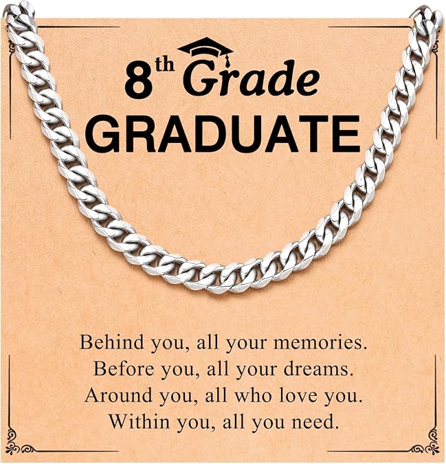 PINKDODO Stainless Steel Graduation Necklace Mens Cuban Link Chain 5th 8th High School Graduation Gifts for Boys Men