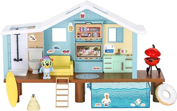 Bluey Beach Cabin Playset, With Exclusive Figure With Goggles. Includes 10 Play Pieces and Sticker Sheet