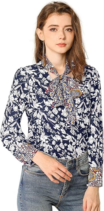Allegra K Women's Bow Tie Long Sleeve Contrast Color Vintage Floral Blouse