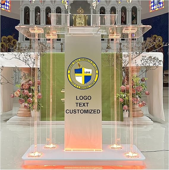 Customized Church Pulpit for Churches Text and Logo, Acrylic Podium with Led Lights, Transparent Podium with Wheels& Spacious Reading Platform, Clear Lectern for Speech (39.4”L*15.7”W *44”H)
