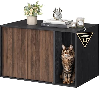 SONGMICS HOME Cat Litter Box Enclosure, Superfast Toolless Assembly, Litter Box Furniture for Large Cats, Display Side Table, Push-to-Open Doors, Ebony Black and Somber Walnut UPCL013BE01S