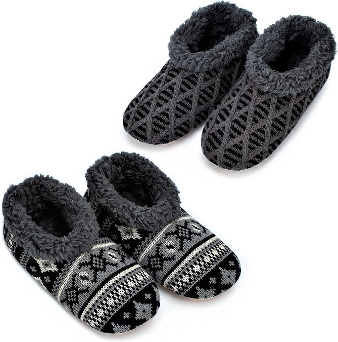 cosyone1997 2-Pair Mens Slippers Sherpa Lined Fuzzy Slipper Socks Non Slip