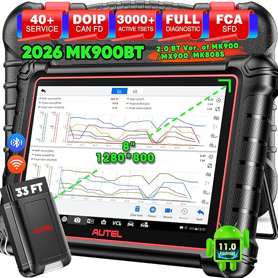 Autel Scanner MaxiCOM MK900BT, 2026 MK900-BT 8in V2.0 Bidirectional Tool | CAN FD DoIP, 33ft BT Ver. of MK900 MX900 MK808S MK808BT PRO MX808S MK808Z, 40+ Resets, 3000+ Active Tests, OE Diagnostic, FCA