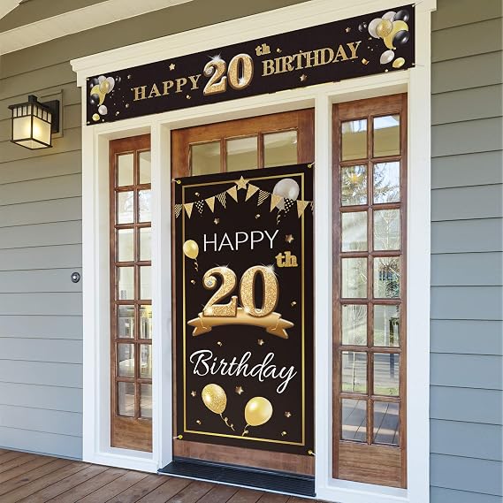 Happy 20th Birthday Door Cover Porch Banner Sign Set - 20 Years Old Birthday Decorations Party Supplies for Men - Black Gold