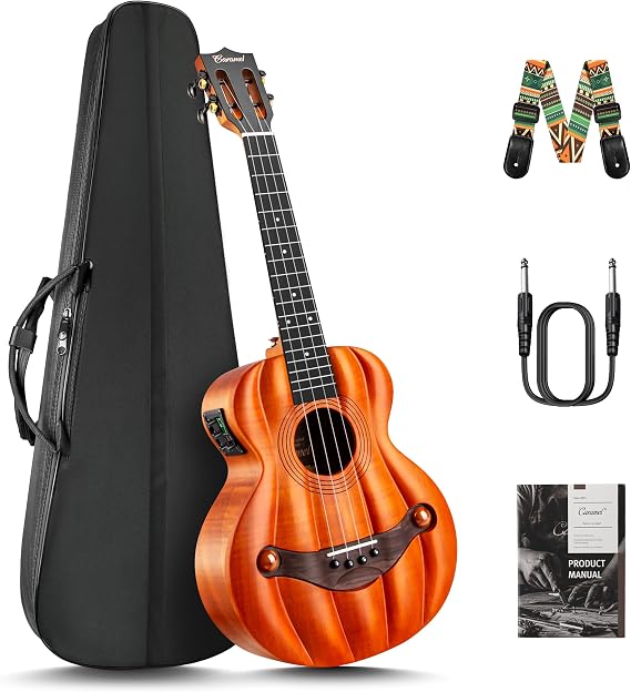 Caramel TEM45 26 Inch Tenor Acoustic-Electric Solid Okoume Top Ukulele | Pumpkin Style Design, Built-In EQ, Acoustic-Electric Performance, Handmade Craftsmanship, Rich Natural Tone
