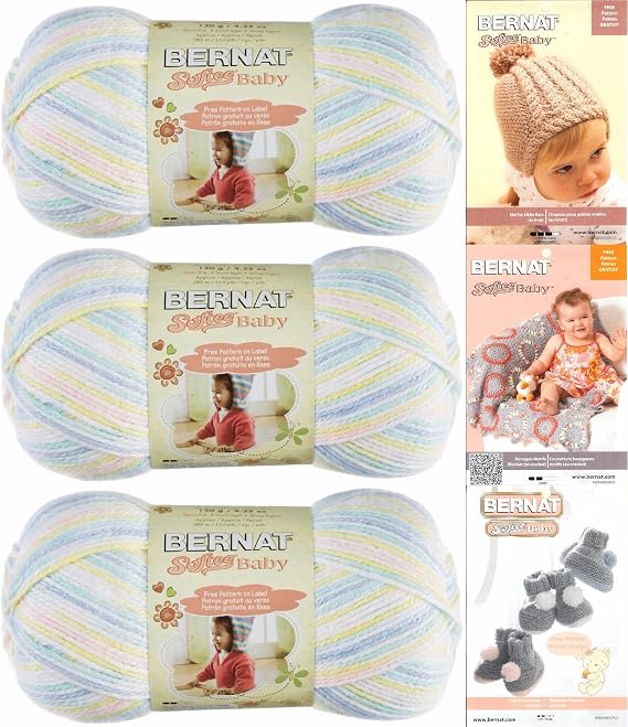 Bernat Softee Baby Yarn 3 Pack Bundle Includes 3 Patterns DK Light Worsted #3