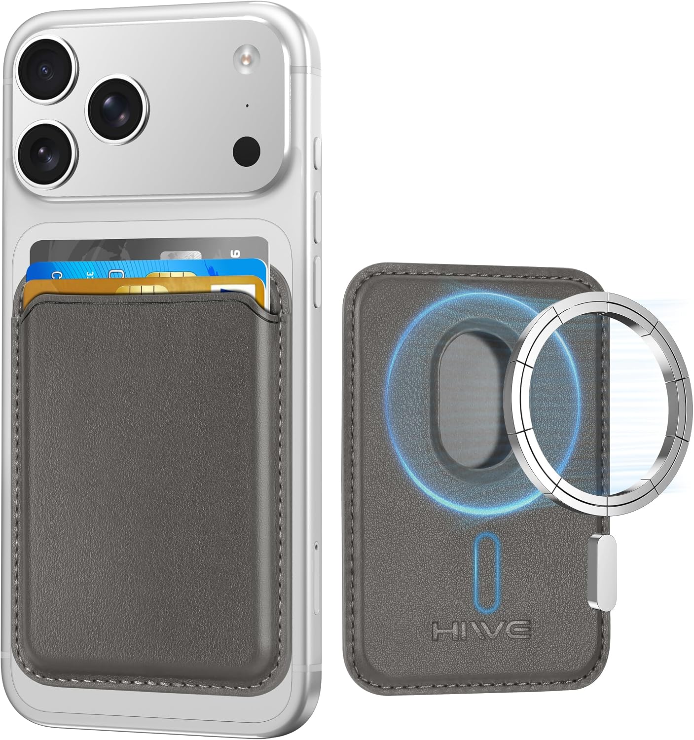 HiWe for MagSafeウォレット、iPhone 17/16/15/14/13/12シリーズ用最強マグネットウォレット、カードホルダー3枚、磁気電話ウォレット、ビーガンレザーミニマリストスリムRFID、iPhoneウォレット用、1スロット、グレー