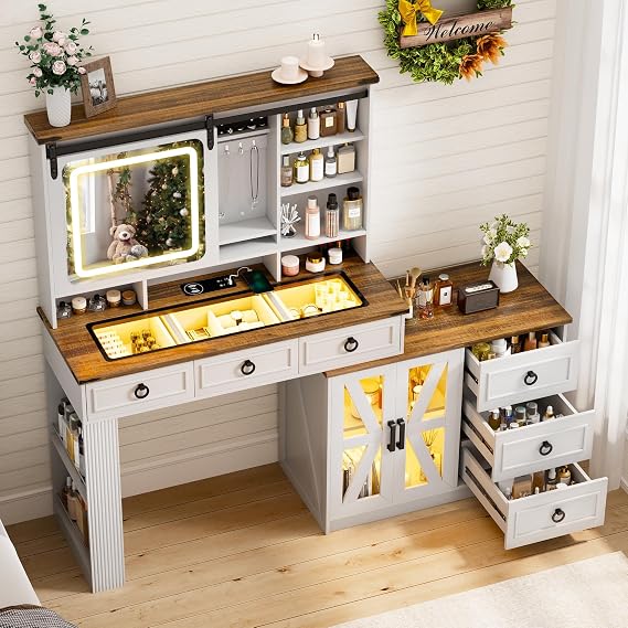 Lvifur Large Vanity Desk with Mirror and Lights & Huge Storage Space, White