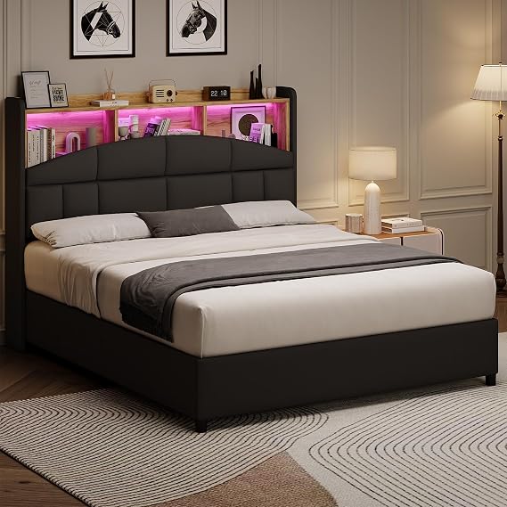 REVOMINCA Queen Size Bed Frame with Storage Headboard and LED Lights, Black