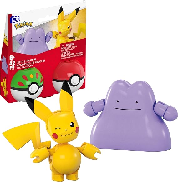 MEGA Pokemon Action Figure Building Toys Set, Poke Ball 2-Pack, Pikachu and Ditto with 42 Pieces, for Kids