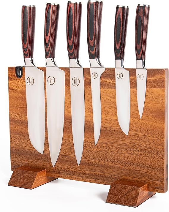 Double Sided Magnetic Knife Block with Built-in Knife Sharpener Cool Knife Organizer, Wooden Kitchen Accessories Design with Non-Slip Bottom Grips for Stability | Maximize Counter Space