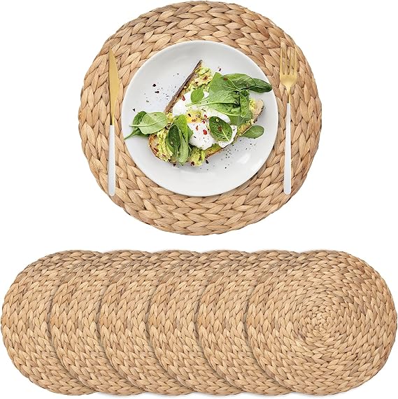 6 Pack Round Woven Placemats, Water Hyacinth Placemats, Natural Table Mats for Dining Table (30 cm)