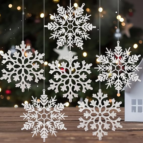 Silver Snowflake Ornaments, 6 Pack Large Plastic Christmas Decorations for Winter Wonderland Tree, Hanging Snowflakes