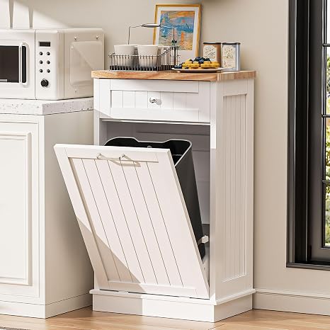 AHB Kitchen-waste-bins 13 Gallons Tilt Out Trash Cabinet, White | Hidden Trash Can Cabinet Kitchen, Wooden Tilt Out Pet Proof Hidden Trash Bin