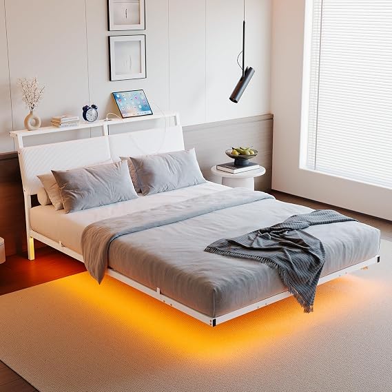 HOJINLINERO 4ft6 Double Bed Frame with Storage,Floating Bed Frame Double with LED Lights,Ergonomic Headboard with USB Charging,Bed Frames Noise-Free Metal Slats,White