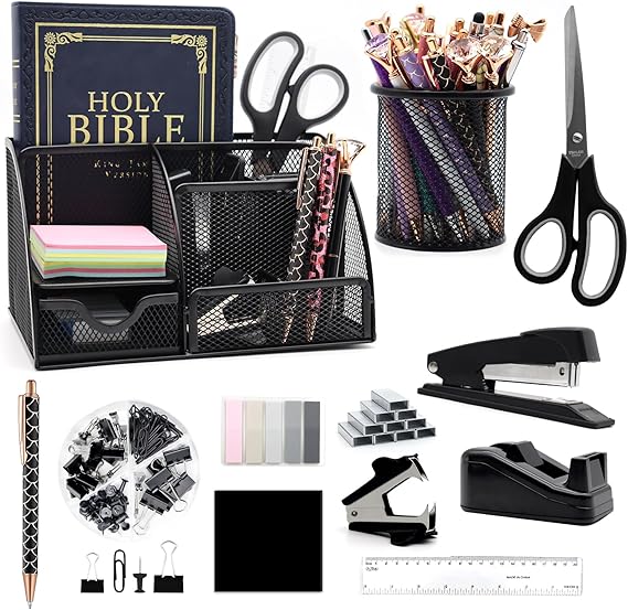 12 in 1 Desk Organizer Set - Black Office Supplies with Black Stapler, Pen Holder, Tape Holder, Scissors, Ruler, Staple Remover for Home, School, Gifts for Coworkers, Woman, Men
