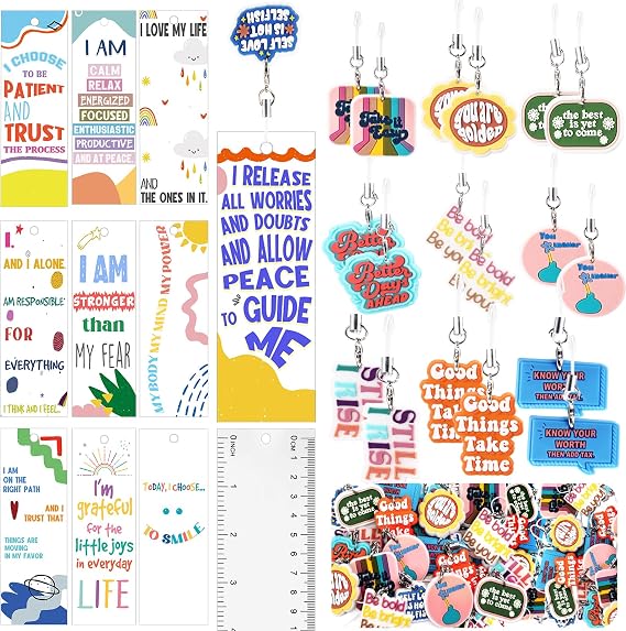 200 Pcs Mental Health Awareness Items Gifts Set Bulk 100 Inspirational Bookmarks with 100 Mental Health Keychains Positive Affirmation Cards Gifts for Students Counselor Office Must Haves