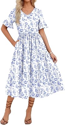 ZEAGOO Womens Summer Dresses Midi Tiered Casual Dress Floral V Neck Ruffle Short Sleeve Flowy Beach Dress with Pockets