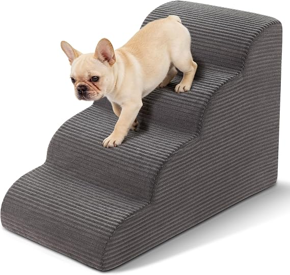 Curved Dog Stairs Ramp for High Beds 19.7" H, 4-Step Dog Steps for Small Dogs and Cats, Removable and Washable Pet Stairs for High Bed Climbing, Non-Slip Balanced Pet Step Indoor, Deep Grey