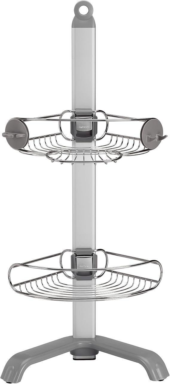 simplehuman BT1064 Corner Shower Caddy, Free Standing Bathroom Shelf Storage Organiser, Rustproof, Storage Hooks, Adjustable Shelves and Feet, Matt Stainless Steel + Anodised Aluminium