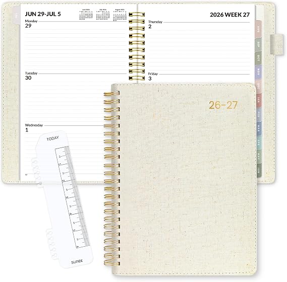 SUNEE 2026-2027 Weekly & Monthly Planner 6.4"x8.5" - 12 Month (July 2026 - June 2027), Vegan Leather Cover Planner Academic Year Calendar, Pocket, Notes, Monthly Tab, Beige
