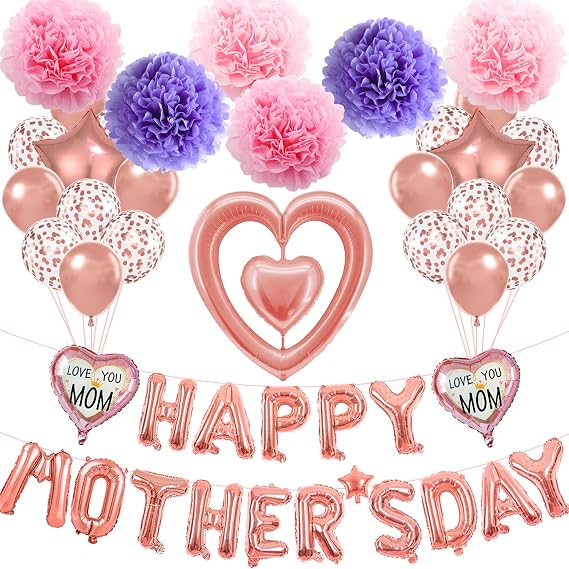 Happy Mothers Day Balloons Decorations Rose Gold Happy Mother's Day Banner for Mother's Day Party Decorations (Mothers Day Rose Gold)
