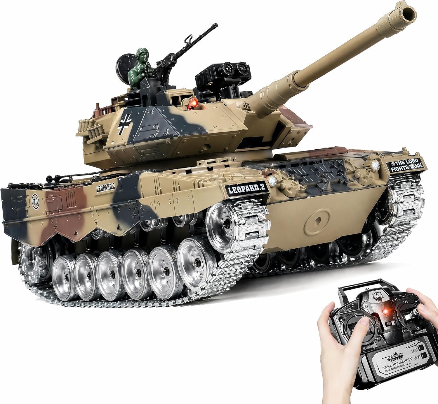 1:18 Leopard 2A with Metal Tracks, Remote Control Tank Shoots Bullets, 2.4GHz Battle Tanks for Kids & Adults, All-Terrain RC Car Toy