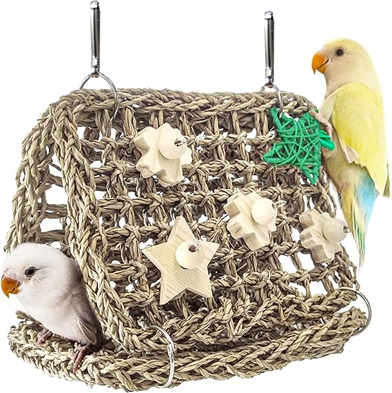 Seagrass Handwoven Bird Bed for Cage, DIY Parrot Nest & Climb Ladder | Breathable Bird Hammock Tent with Chewable Toys, Cozy Parakeet Sleeping Hut for Small Medium Birds Like budgies Lovebirds
