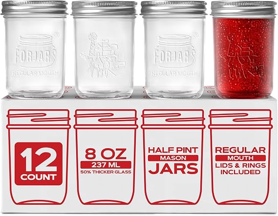 FORJARS Premium Mason Jars with Lids 8oz | Regular Mouth Canning Jars | 12-Pack Glass Jars for Jam, Jelly, Honey, Spices, Pickling, Food Storage, Freezer Safe, Airtight Bulk Set